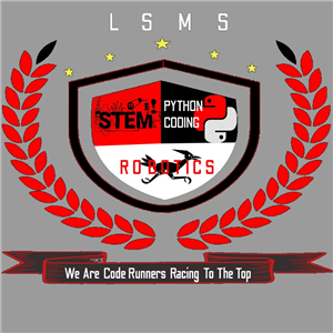 LSMS STEM Python Coding Robotic on shield. Below it says We are code runners racing to the top.